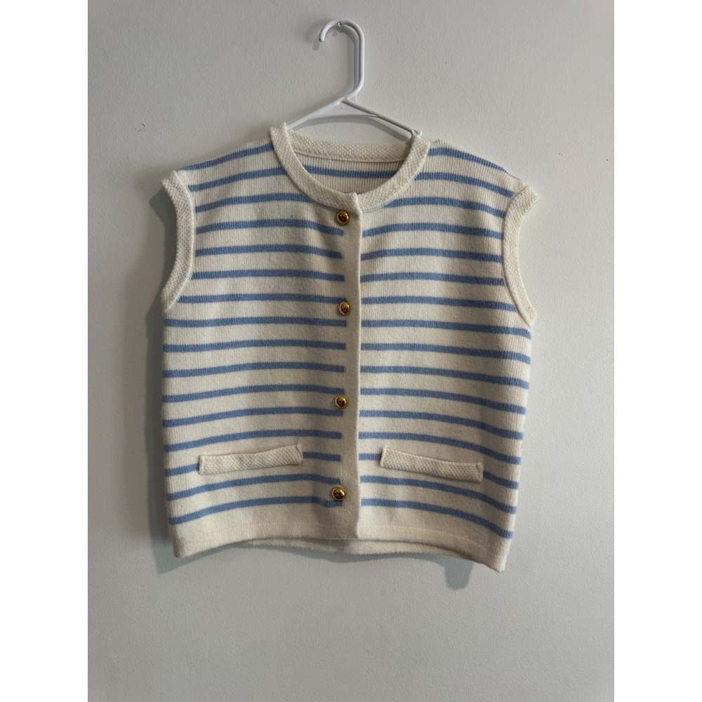 Striped Knit Button Front Vest Womens Large baby Blue White Gold Buttons coastal